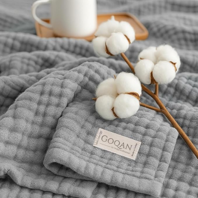 Goqan Throw Blanket 55x60 – 100% Cotton 4 Layer Boho Muslin Blanket for Adults, Lightweight, Soft, Breathable for Bed, Couch, Picnic - Light Grey