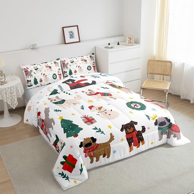 Erosebridal Merry Christmas Quilt Full Size Cartoon Dog Comforter Set for Teens Kids Boys Xmas Tree Snowman Bedding Set Cute Pug Puppy Animal Duvet Insert with 2 Pillow Cases