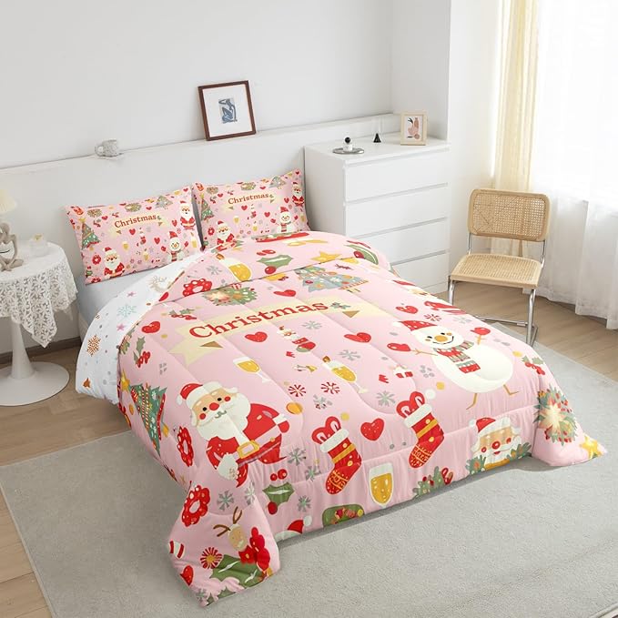 Feelyou Christmas Bedding Set for Kids Boys Girls Toddler Size Cute Santa Claus Comforter Set Ultra Soft Comforter Xmas Tree Duvet Quilt Bedroom Decor Christmas Decor Quilt