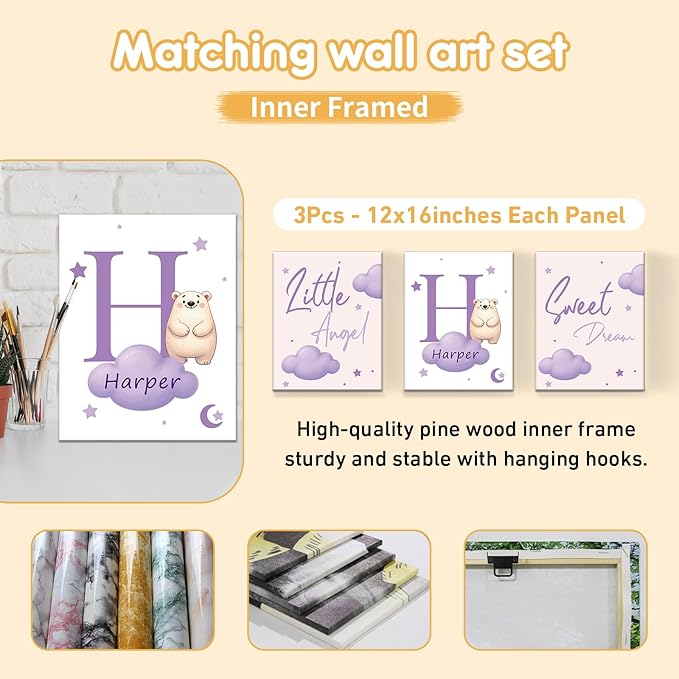 Custom Crib Bedding Set, 5 Pcs Personalized Nursery Bedding Sets with Name, Infant Bedding Set for Baby Girl Boy, Purple Polar Bear Double Layer Baby Crib Set, Toddlers Babies Customized Gifts