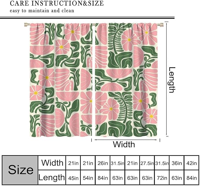 70s Flowers Curtains,Retro Geometric Boho Vintage Botanical Green Pink Flower Curtain for Bedroom Living Room Bathroom Window Curtains,70s Mid Century Flowers Window Treatments 52" W X 84" L