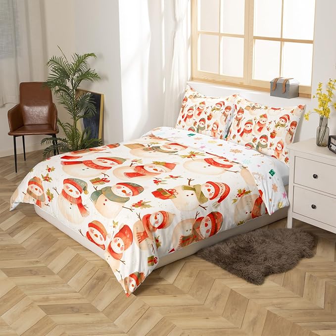 Manfei Cute Snowman Duvet Cover Set Queen Size, Christmas Theme Bedding Set for Kids Kids Girls Room Decor, Western New Year Comforter Cover, Lightweight Bedspread Cover, 2 Pillowcases, No Comforter
