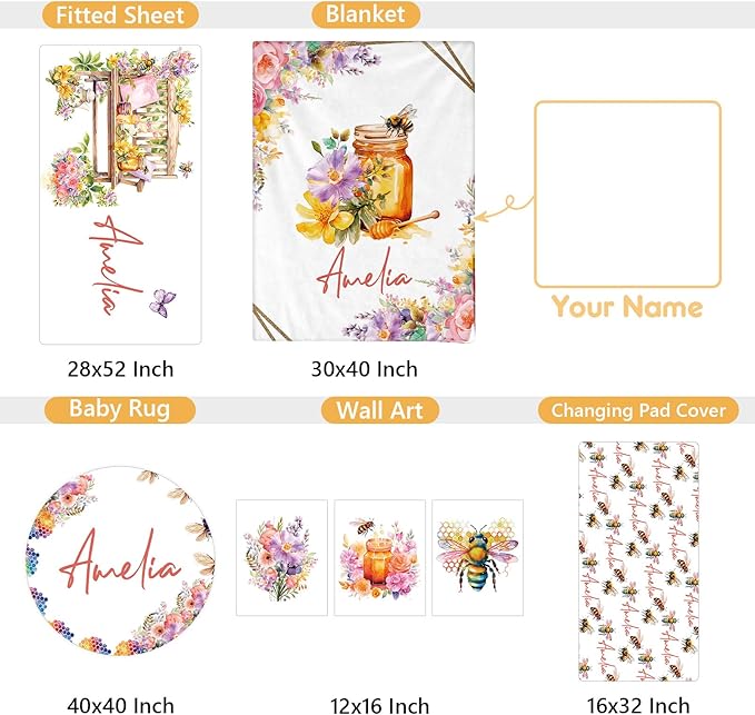 Custom Baby Crib Bedding Set, 5 Pcs Personalized Name Baby Crib Sets for Infant Toddler, Yellow Bee Nursery Bedding Set for Boy Girl, Double Layer Flannel Baby Bedding Sets Customized Gifts