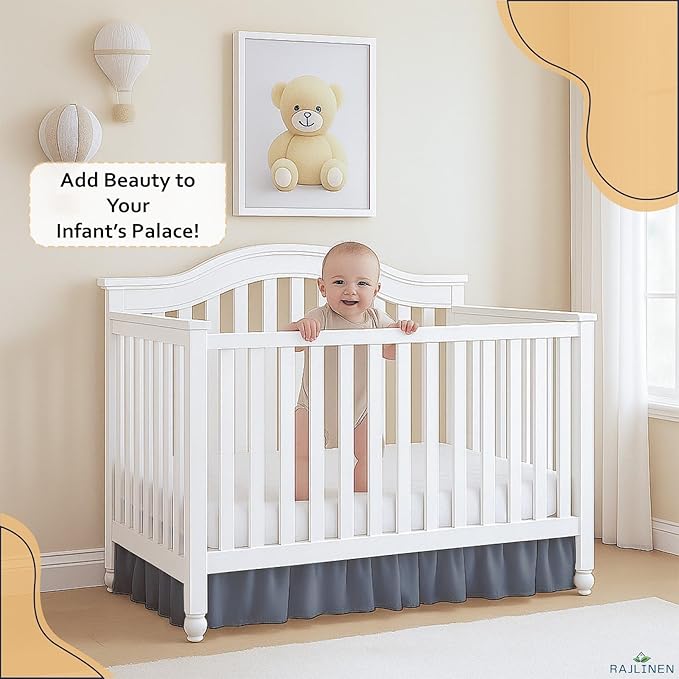 Rajlinen Ruffled Crib Bed Skirt, Microfiber, Dust Ruffle with Split Corners, 14" Drop, Nursery Toddler Bedding for Baby Boys or Girls, Dark Grey