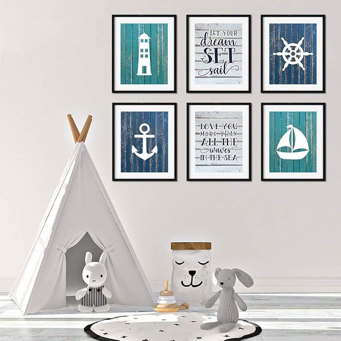 Andaz Press Ocean Nautical Sailor Theme Nursery Kids Bedroom Hanging Wall Art Decor, 8.5x11-inch, Blue Aqua Rustic Wood, Let Your Dreams Set Sail, 6-Pack, Unframed Room Poster
