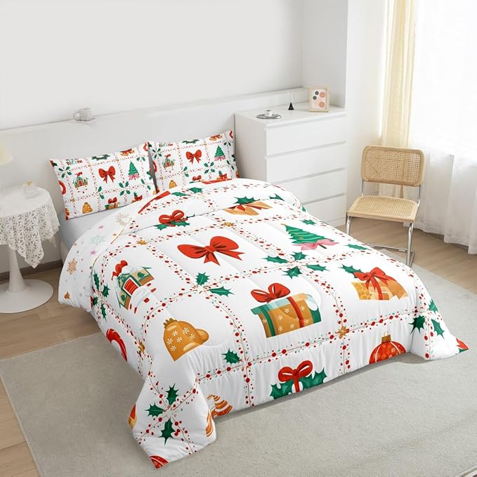 Feelyou Christmas Decor Kids Comforter Set King Size Red Bowknot Bedding Set New Year Gift Duvet Quilt for Kids Boys Girls Bedroom Happy New Year Decor Microfiber Ultra Soft Breathable