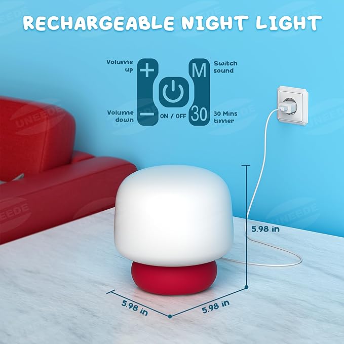 UNEEDE Mushroom Lamp for Kids, 13 Sound Effects Toddler Night Light, Squishy Nursery Mushroom Decor with Timer, Christmas Birthday Gift