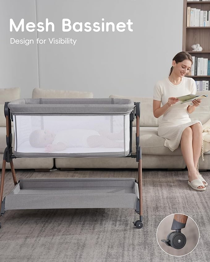 Baby Bassinet - Bassinet Bedside Sleeper,3-in-1 Bedside Bassinets for Baby,Rocking Bassinet with Mattress,Wheels,All Mesh Sides& Storage,6 Height Adjustable Crib,ASTM Certified(Mesh Grey)