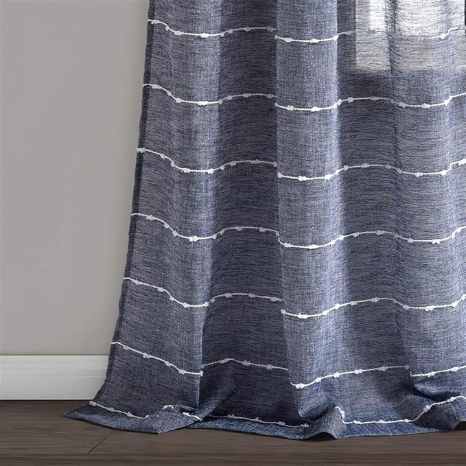 Lush Decor Farmhouse Textured Grommet Sheer Window Curtain Panel Pair, 38"W x 84"L, Navy