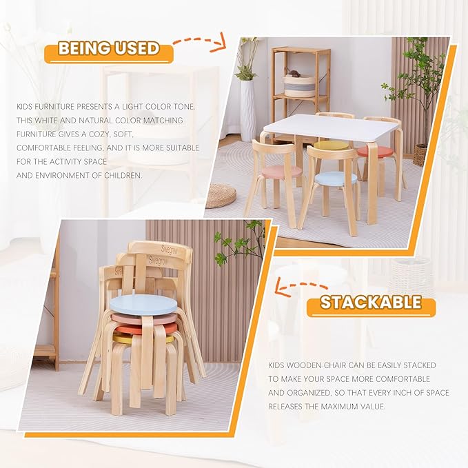 Swegrow Wooden Kids Chair, Toddler Chair for Table, Kids Stackable Chairs, Kid Wooden Furniture for Family/Playroom/Classroom（Set of 4-Color）