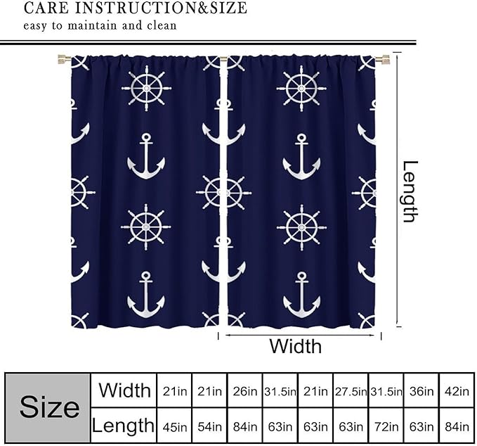 Nautical Rudder Curtains,MarineThemed Oceanic Anchor Pattern Blackout Print Home Bedroom Living Room Window Treatments 2 Panel Set 42x45 Inch