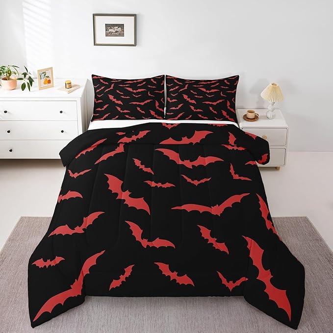 Erosebridal Bat Bedding Set Halloween Comforter Set with 1 Pillow Case Red Bats Animals Quilt Toddler Size for Kids Boys Bedroom Holiday Gothic Spooky Style Quilt