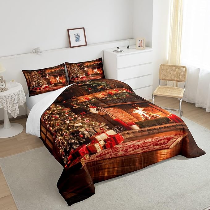 Vintage Xmas Comforter Set - Twin Size, Merry Christmas Tree Bedding Set for Kids, 2Pcs Pine Tree Luxury Duvet Insert, 1 Pillowcase