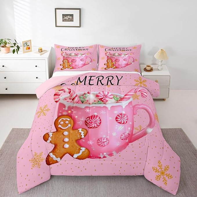 Erosebridal Merry Kids King Comforter Sets Christmas Decor Bedding Sets Pink Xmas Snowflake Down Comforter Dessert Gingerbread Man Bed Set for Boys Girls Teens