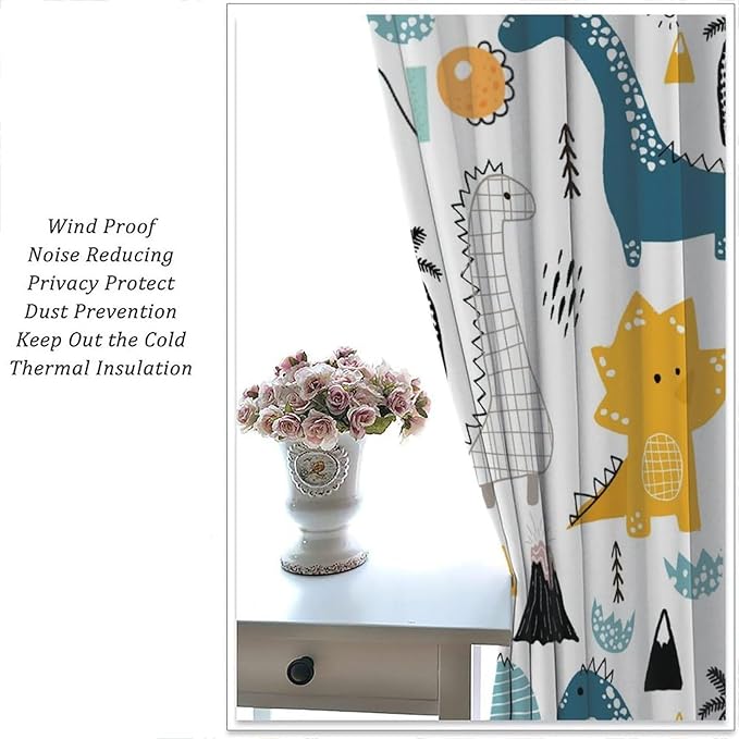Dinosaur Curtains, Cartoon Dino Cute Safari Animal Print Pattern Window Treatments, Rod Pocket Thermal Insulated Drapes 2 Panel Sets for Kids Boys Bedroom Nursery Classroom, 42" W X 45" L【Decor】