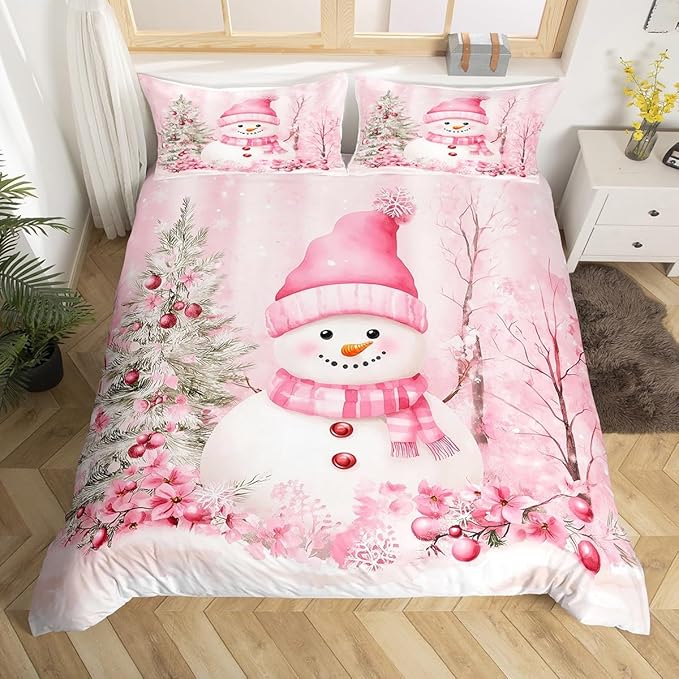 Manfei Christmas Kids Duvet Cover Set Full Size, Cute Snowman Pink Flower Bedding Set for Boy Girl Room Decor, New Year Xmas Comforter Cover, Lightweight Bedspread Cover, 2 Pillowcases, No Comforter