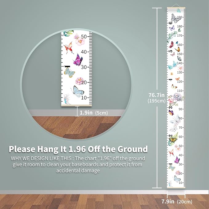 Personalized Growth Chart for Kids, Baby Height Chart with Custom Name, 77"x7.9" Canvas & Black Wood Height Measuring Rulers for Boys Girls Removable Wall Ruler Hanging for Nursery Decor - Butterfly