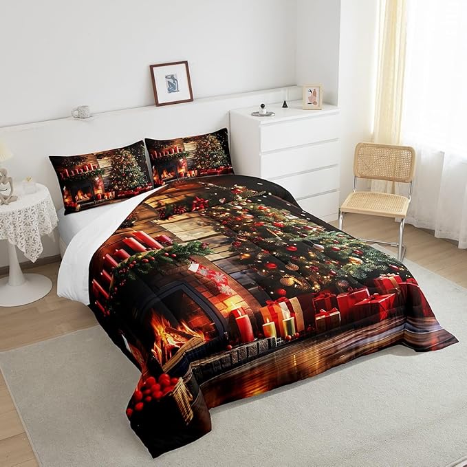 Merry Christmas Comforter Set - Twin Size, 3D Christmas Fireplace & Tree Bedding Set for Kids' Rooms, Xmas Theme Quilt Set (2Pcs), Retro Wooden Stripes Duvet Insert, 1 Pillowcase