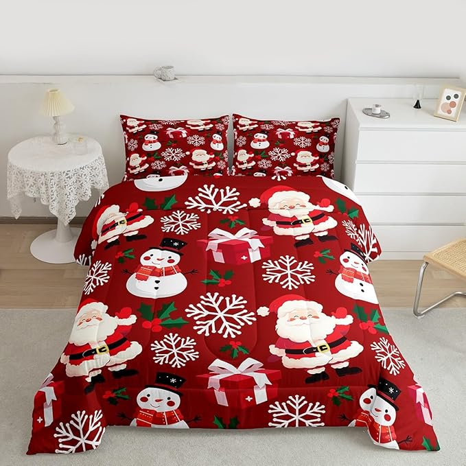 jejeloiu Merry Christmas Comforter Set King Size Xmas Santa Claus Bedding Set for Kids Boys Girls Cute Snowman Duvet Quilt Red Bedroom Decor