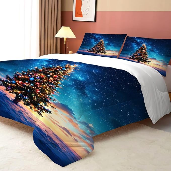 Christmas Tree Comforter Set King Size Galaxy Bedding for Girls Teen Women Blue Xmas Holiday Space Bedroom Quilt Bed Sets, 1 Comforter 2 Pillowcases