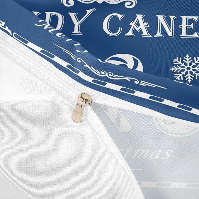 jejeloiu Christmas Bedding Set Queen Size Kids Christmas Quote Comforter Cover Set for Boys Girls Teens Candy Canes Print Duvet Cover Xmas Bedspread Cover Room Decorations Blue Quilt Cover