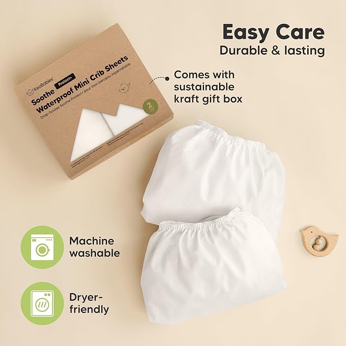2-Pack Pack and Play Sheets, Waterproof Mini Crib Sheets Fitted - Organic Cotton Pack N Play Sheets for Graco Pack and Play Mattress, Playard Baby Crib Sheets,Neutral for Boy,Girl,Toddler (Soft White)