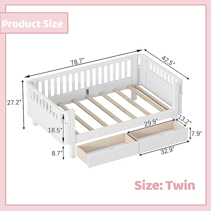 Twin Kids Bed with Storage Drawers & Rails, Wood Low Montessori Beds with Detachable Side Rails & Slats, Modern Daybed for Boys Girls Bedroom, Kids Twin Platform Bed, White