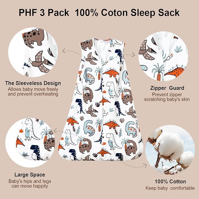 PHF Soft Baby Sleep Sack 18-24 Months 100% Organic Cotton Wearable Blanket, 2-Way Zipper 0.5 TOG Toddler Sleeping Sack 3 Pack, Comfy Sleep Bag for Baby Boys Girls, Dinosaur (X-Large)