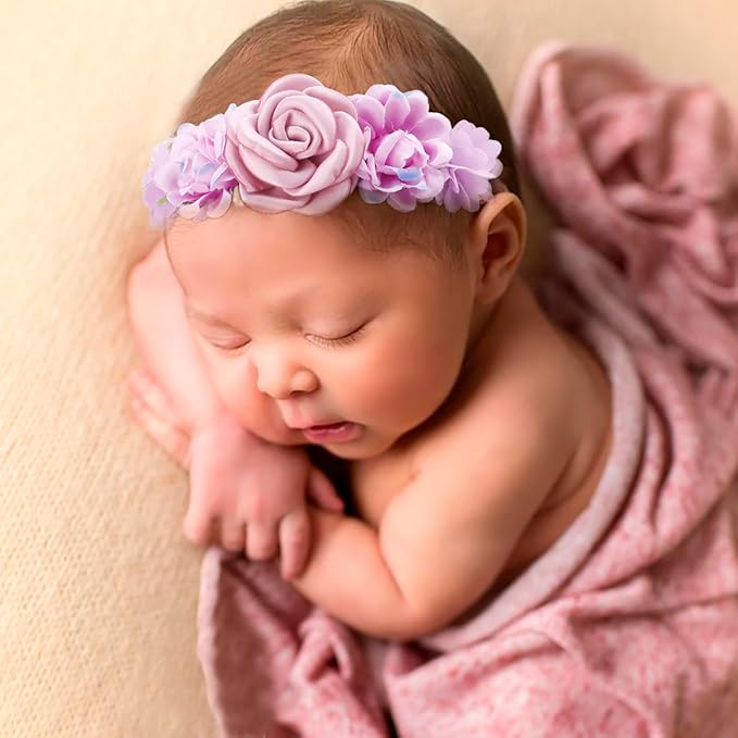 cherrboll Baby Girl Nylon Headbands, 3Pcs Handmade Floral Hair Bows, Stretchy Flower Hairbands for Newborns Infants Toddlers