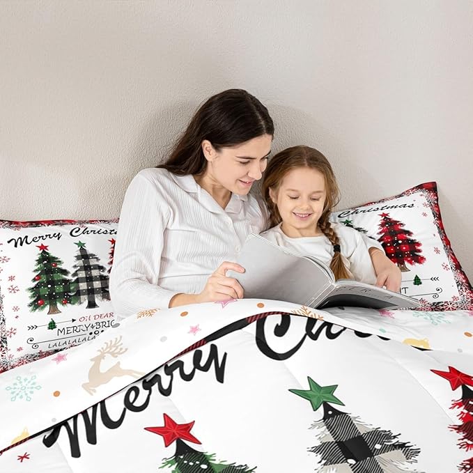 Christmas Comforter Set Queen Size, Red Plaid Xmas Trees Bedding Set 3pcs , Winter Snowflake New Year Reversible Down Comforter for All Season, Kids Boys Girls Room Decor, 2 Pillowcases, No Sheets