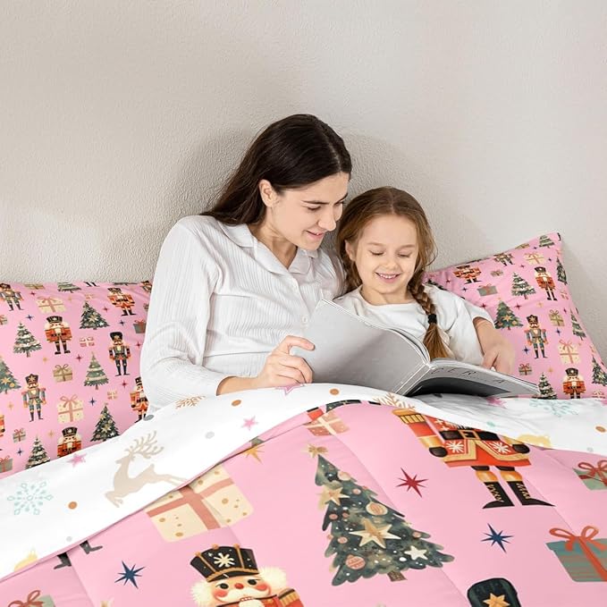 jejeloiu Xmas Nutcracker Comforter Set Twin Size Christmas Pink Bedding Set for Kids Boys Girls Cute Snowflakes Duvet Quilt Bedroom Decor