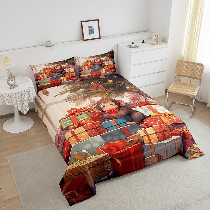 Santa Monkey Comforter Set Full Size,Merry Christmas Holiday Theme Bedding Set 3Pcs,Christmas Tree Decoration Quilt Set Kids Girls Boys Room Decor Cartoon Animal Xmas Style Duvet Insert,2 Pillowcases
