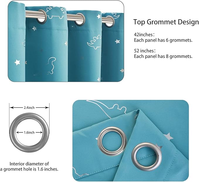 LORDTEX Dinosaur and Star Foil Print Blackout Curtains for Kids Room - Thermal Insulated Curtains Noise Reducing Window Drapes for Boys and Girls Bedroom, 52 x 63 Inch, Teal, Set of 2 Panels