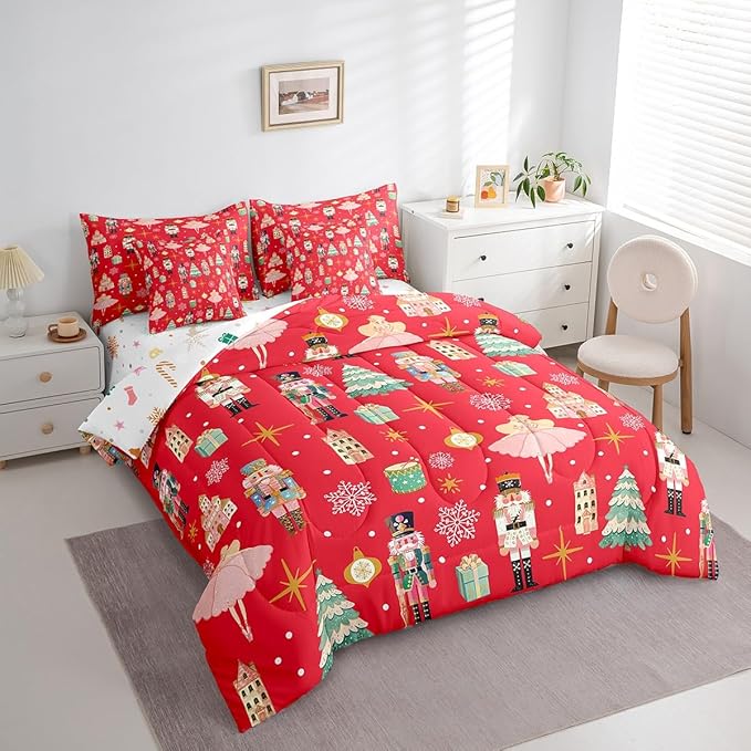 Erosebridal 7Pcs Red Christmas Comforter Set Twin Size,Christmas Nutcracker Bedding Set,Girly Dreamy Princess Bed in A Bag,Xmas Pine Tree Snowflake Quilt with Flat Fitted Sheet,Red