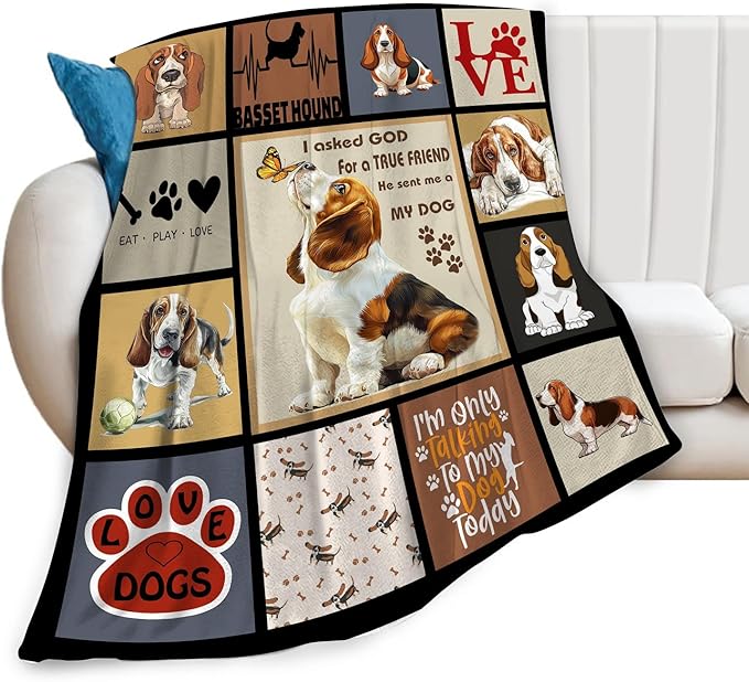 Cute Basset Hound Blanket Basset Hounds Throw Blankets Gifts for Girls Boys Cozy Warm Soft Flannel Throws Plush Stuffed Animal Funny Pet Dog Fleece Blanket DecorGifts for Men Women 50"x40"