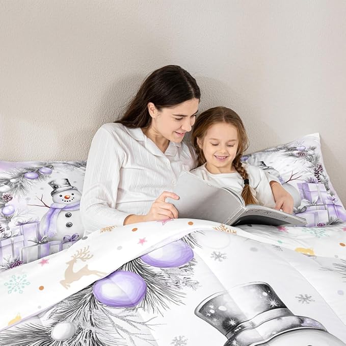 Feelyou Merry Christmas Bedding Set Soft for Boys Girls, Cute Snowman Comforter Set Toddler Size Duvet Quilt Microfiber Snowflake Bedroom Decor 2 Pcs with 1 Pillow Cases