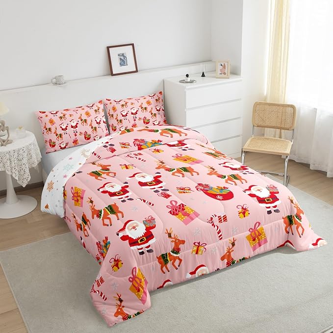 Feelyou Christmas Bedding Set for Kids Boys Girls Queen Size Santa Claus Comforter Set Ultra Soft Xmas Deer Elk Decor Comforter Duvet Quilt Bedroom Decor Christmas Decor Quilt