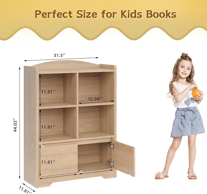 Kids Bookshelf and Toy Organizer, 2 Tier Kids Book Shelf for Kid Rooms with 2 Doors, 4 Cubes Storage Organizer,Wood Children Bookcase,Freestanding Toddler Book Display Shelf for Playroom