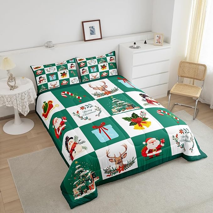 Erosebridal Merry Christmas Quilt Full Size for Kids Teens Santa Claus Xmas Tree Bedding Set Cartoon Deer Snowman Comforter Set with 2 Pillow Cases