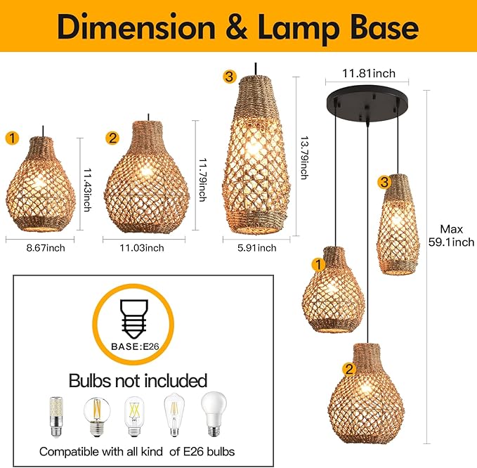 Rattan Pendant Light,3-Lights Hand Woven Chandelier,Boho Ceiling Hanging Light for Kitchen Island Dining Room, Bedroom Restaurant.