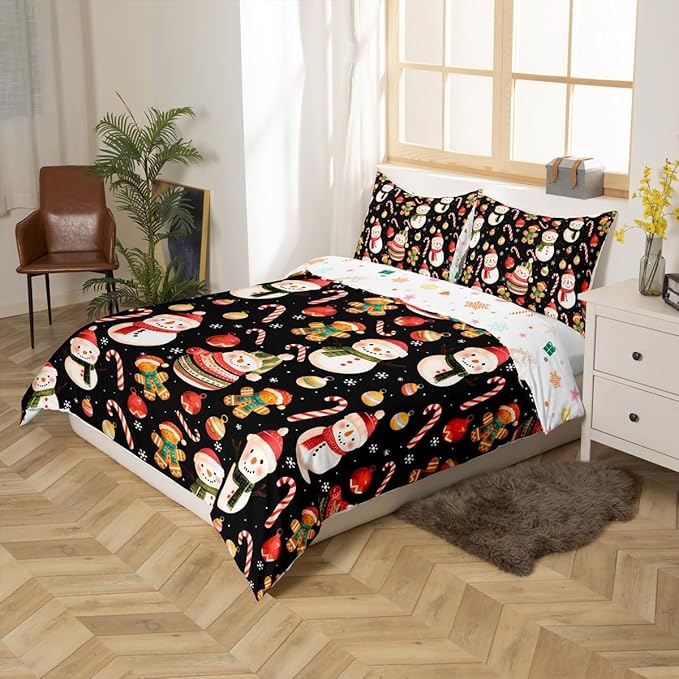 Feelyou Merry Christmas Duvet Cover Queen Size Gingerbread Man Snowman Comforter Cover for Boys Girls Candy Cane Bell Xmas Decor Bedding Set 3Pcs Reversible Xmas Decor Room Decor