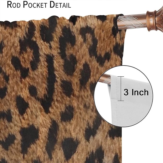 Leopard Print Window Curtains, Animal Fur Skin Brown Farmhouse Wild 3D Rustic Safari Theme Window Treatments for Kids Bedroom Living Room 42" W X 45" L