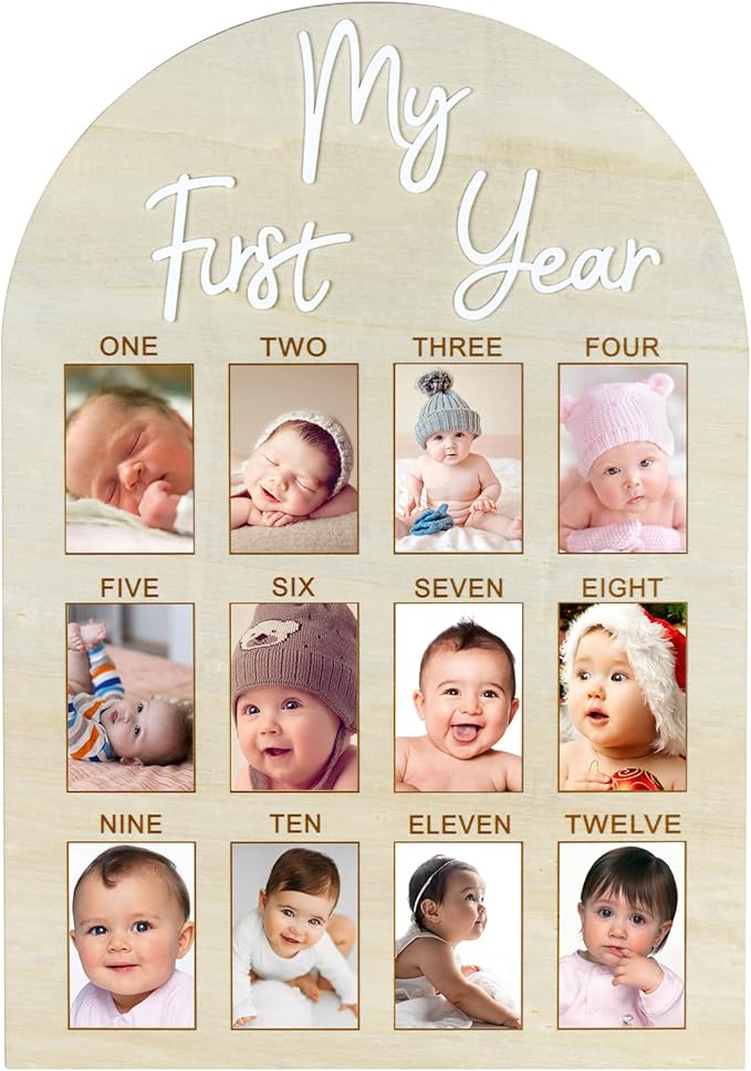My First Year Arch Photo Frame, Natural Wooden Monthly Milestone Photo Frame for Baby Birthday Party Decorations, 17 x 11.9 inches