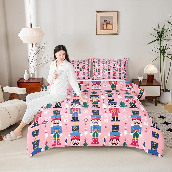 Feelyou Cute Nutcracker Kids Comforter Set Queen Christmas Tree Bedding Set Xmas Snowflake Duvet Quilt for Kids Boys Girls Bedroom Colorful Soldier Decor Candy-Cane Designs Microfiber Soft Breathable