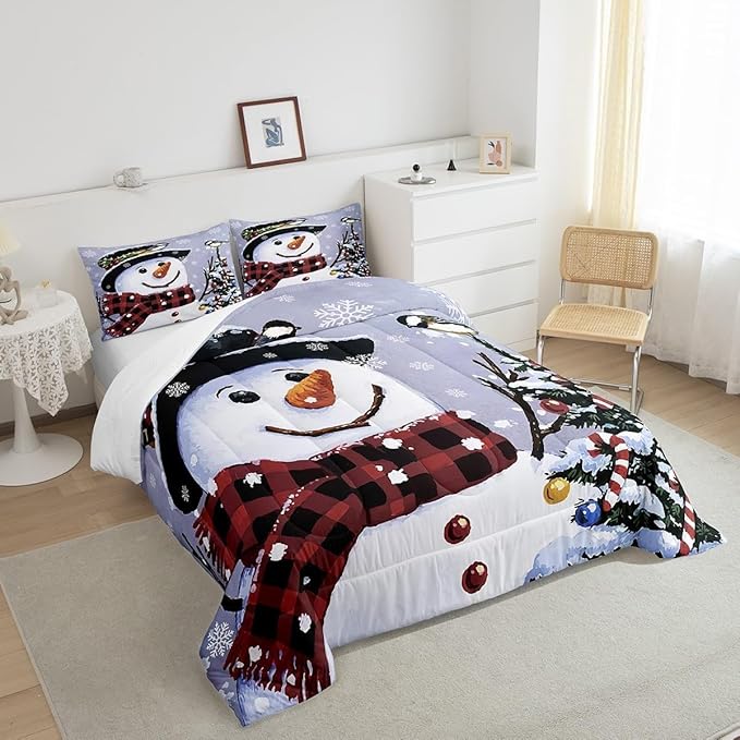 Feelyou Kids Christmas Theme Decorations Bedding Set Xmas Snowman Comforter Set for Boys Girls Merry Christmas Funny Cute Decor Bedroom Collection 3Pcs Queen Size