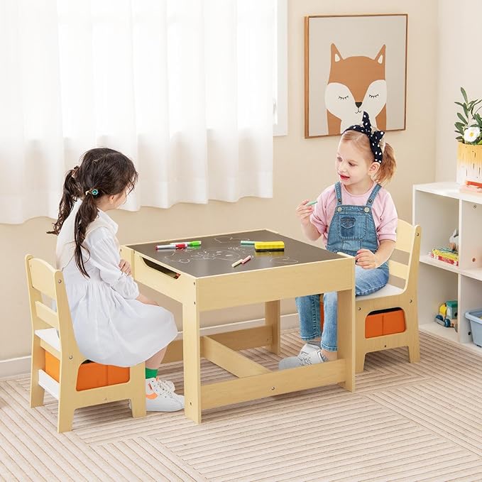 HONEY JOY Kids Table and Chairs, 3-in-1 Children Wooden Activity Set with Storage, Detachable Tabletop, for Art, Craft, Drawing, Reading, Gift for Toddlers Boys Girls 3-7 Years Old (Natural)