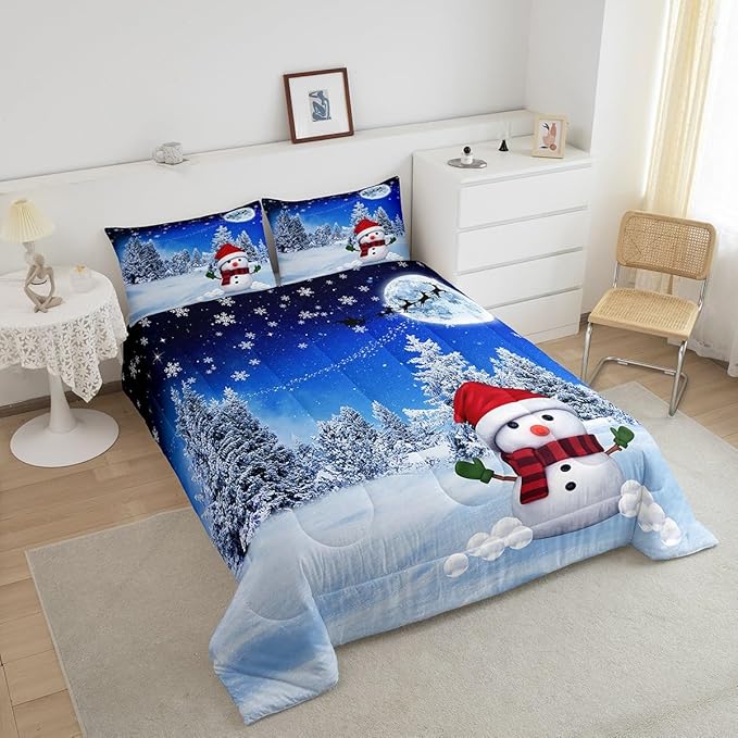 Feelyou Christmas Comforter Set Reindeer Snowman Snowflake Reversible King Size Decorations Bedding Set for Kids Boys Girls Xmas Winter Decor Comforter Dreamy Blue Quilt Room 3Pcs