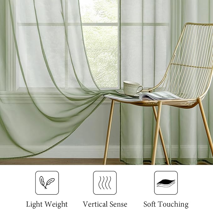 MIULEE 2 Panels Sage Green Sheer Curtains 108 inches Long Window Curtains Rod Pocket Elegant Window Voile Panels/Drapes/Treatment for Bedroom Living Room (54X108 Inches)