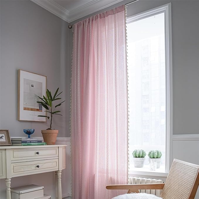 Deeprove Pink Boho Linen Curtains 63 inches Length for Baby Teenage Girl Bedroom Living Room Dining Nursery, Hollow Semi Sheer Curtains Darkening Embroidery Drape Window Treatment, 1 Panel W52 x L63