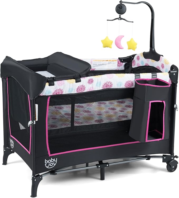 BABY JOY 4 in 1 Pink Pack and Play, Baby Bedside Sleeper with Bassinet, 3 Adjustable Heights, Music Box, Easy to Install, Foldable Bedside Crib w/Changing Table, Playards from Newborn to Toddlers Rose